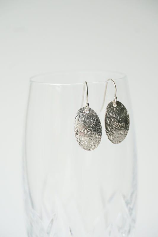 Lobelia silver oval earrings. Short hook, flat.